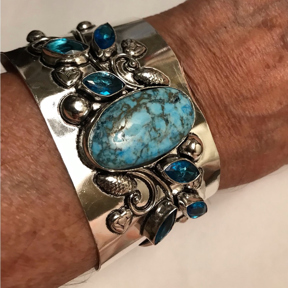 Turquoise Blue Topaz Stamped Solid 925 Sterling Silver Cuff Bracelet